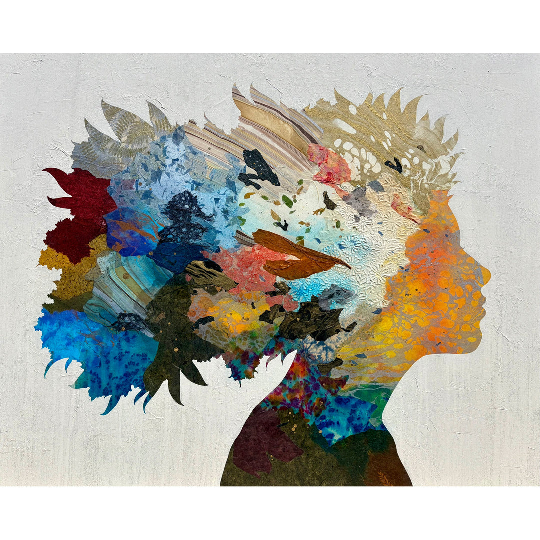 Born to Bloom by Christopher Peter — mixed media painting of a woman's profile silhouette filled with colorful layered florals, handmade papers, gold leaf, and acrylic on canvas