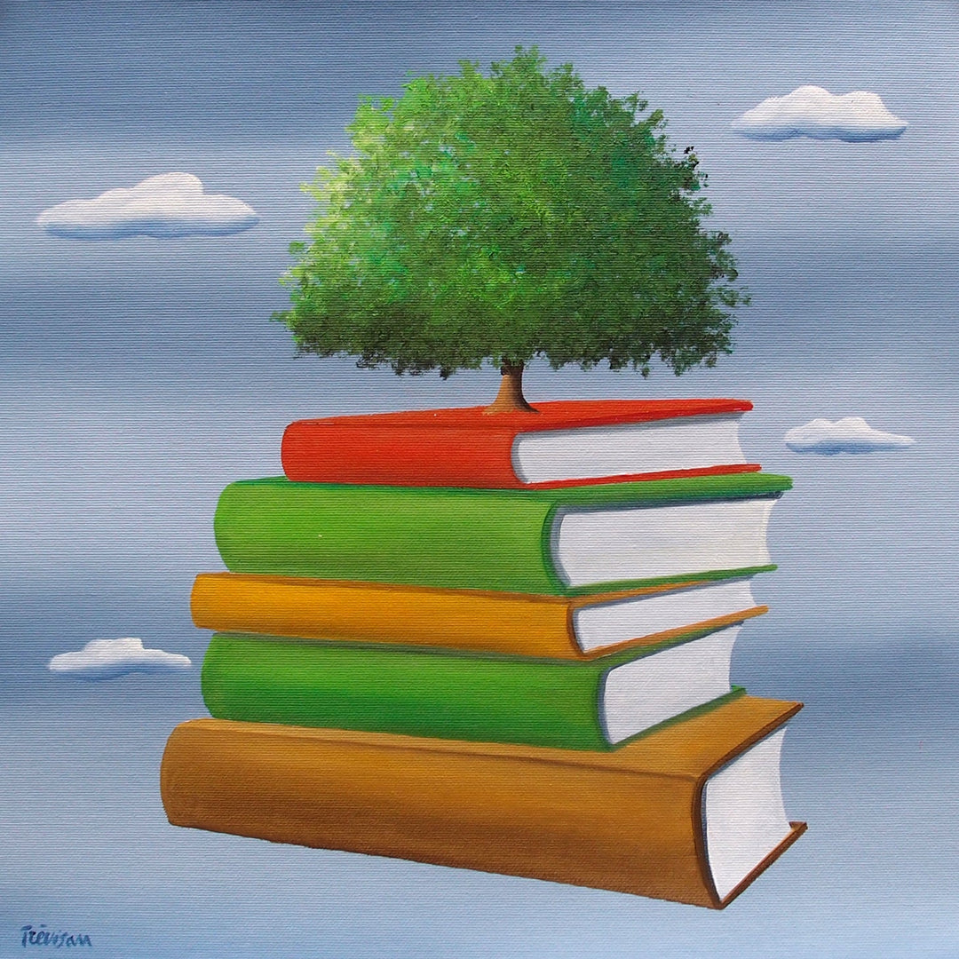 surrealism tree growing out of stack of books on blue cloudy background oil paint on canvas