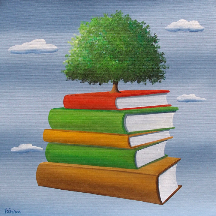 surrealism tree growing out of stack of books on blue cloudy background oil paint on canvas