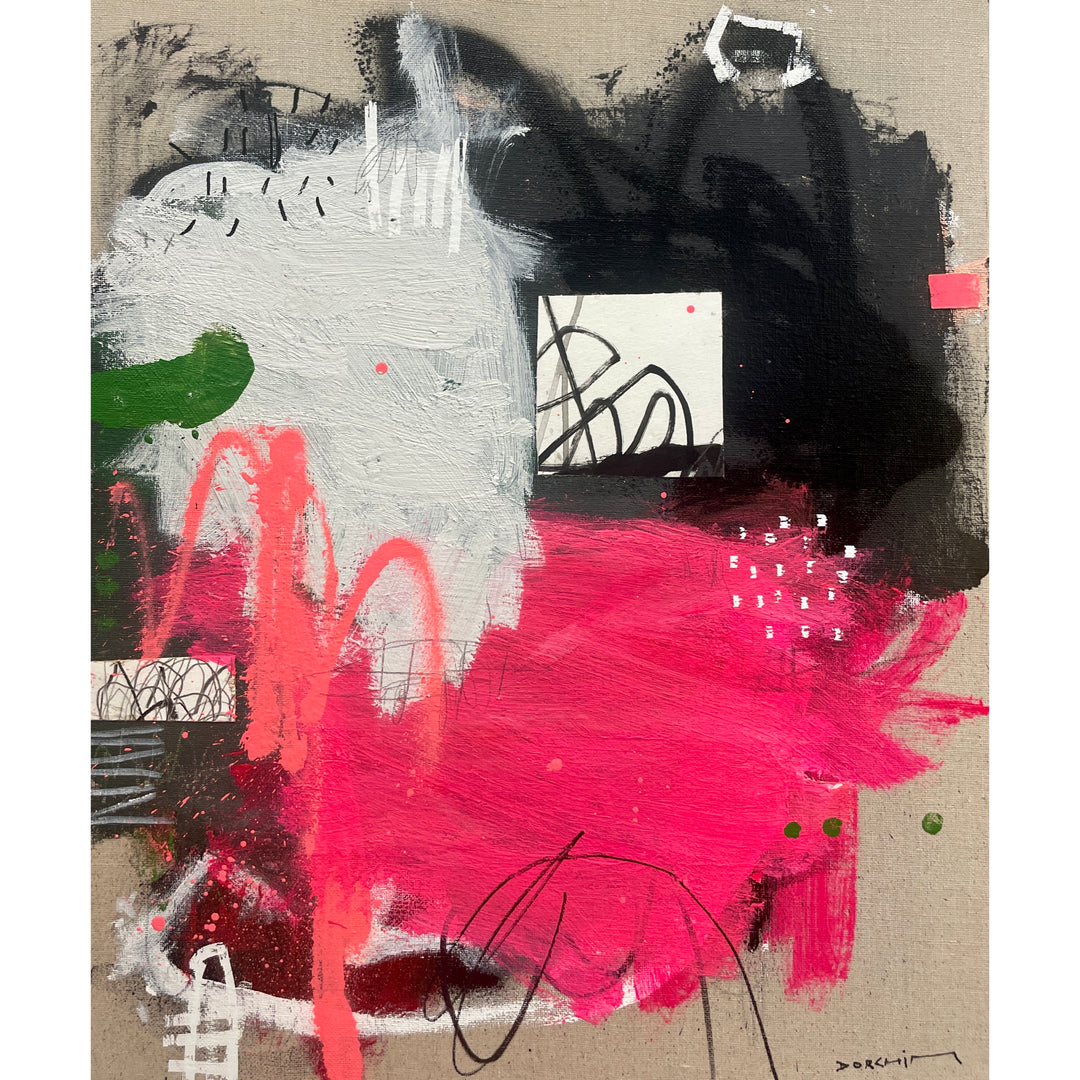 abstract expressionism gestural painting pink white black green dots scribble doodles
