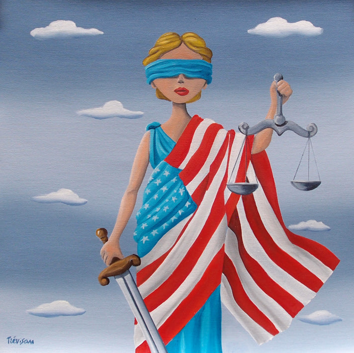 lady figure pop surrealism wrapped in american flag justice scale and sword oil on canvas
