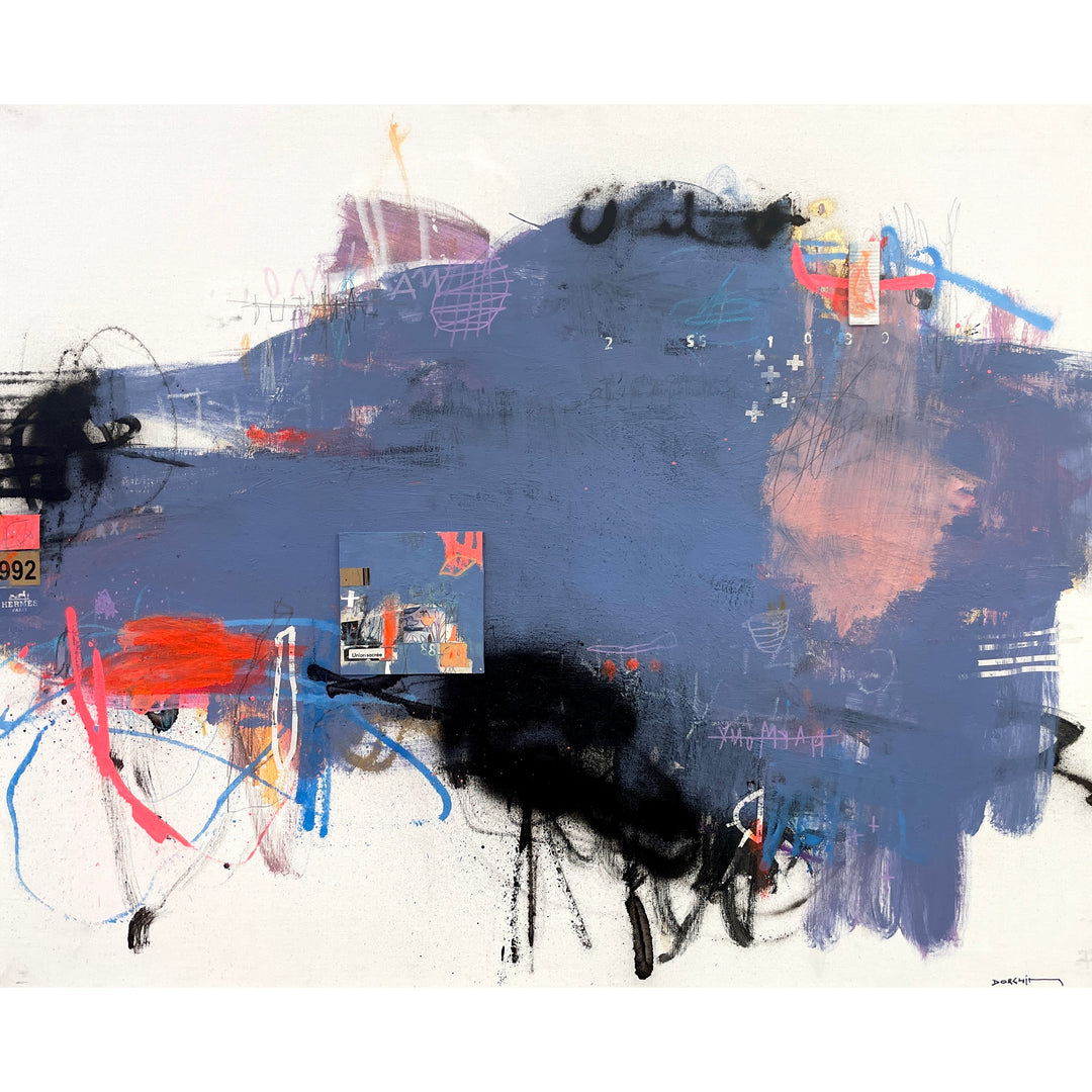 purple blue swatch of paint abstractly and expressionisticaly painted on white background canvas, details of black spray paint marks and stamps, pattern, collage