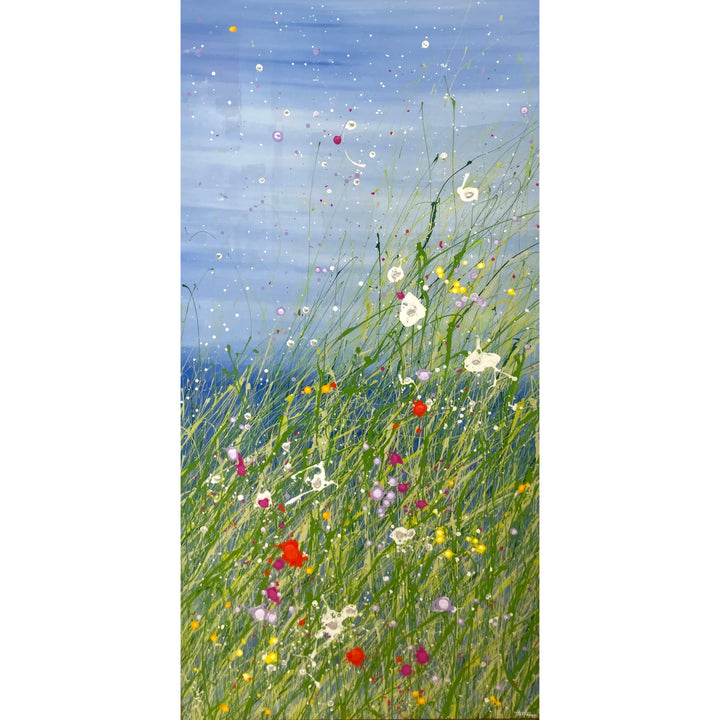abstract floral landscape grass splattered flowing to the right with flowers on gradient blue background