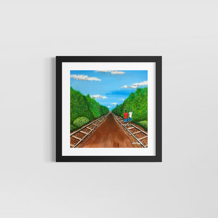 two boys walking down train tracks horizon landscape bright colors acrylic on parachute cloth