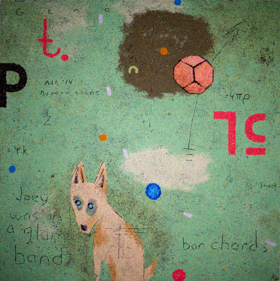 48"x48" abstract piece using crushed volcanic rock and acrylic paint featuring a dog and other details over an aqua background.