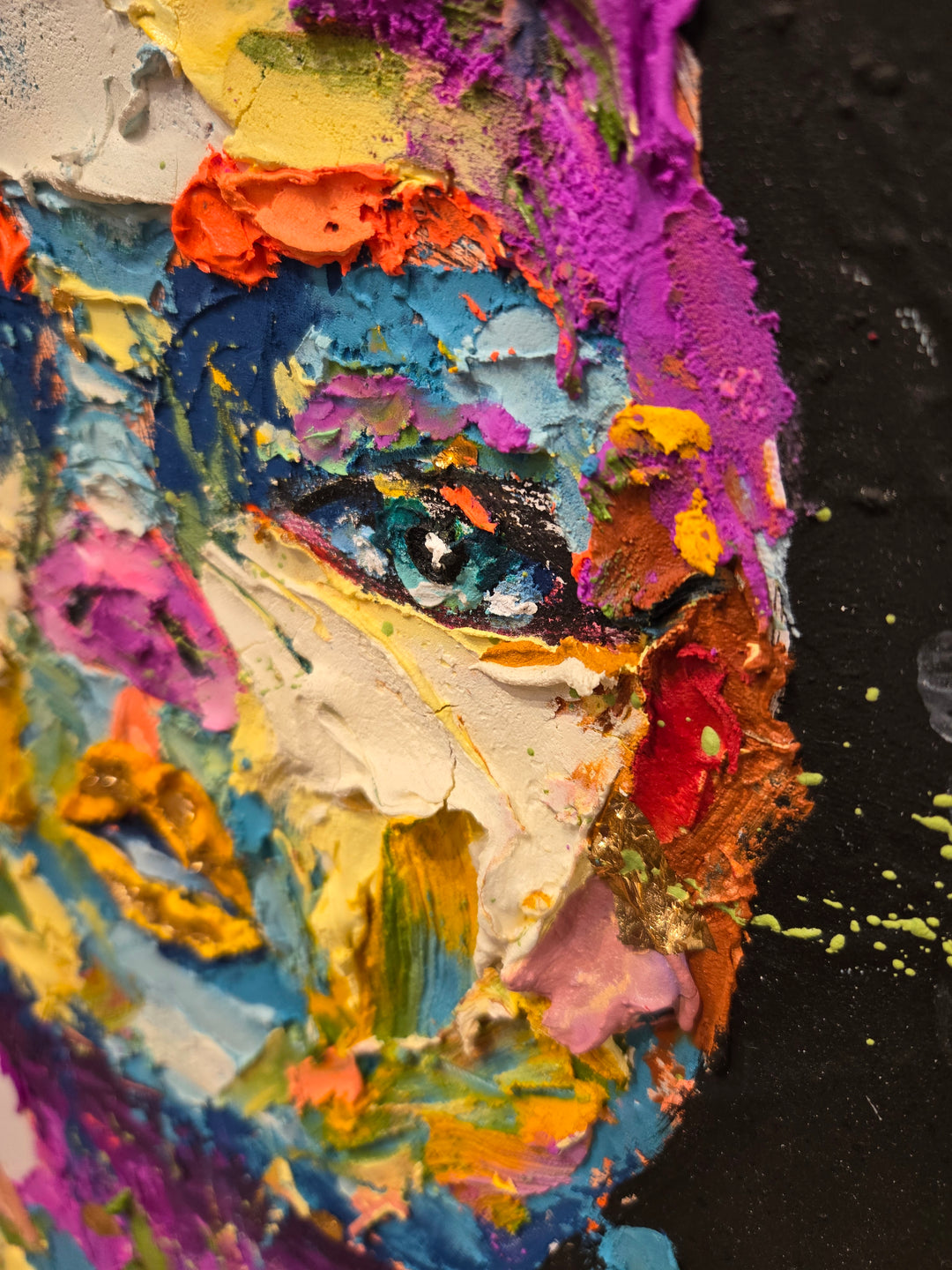 front on portrait of woman with black expressionist painted hair in black, thick layers of paint applied to canvas with brushes and knives, skin made up of purple, blue, green, yellow, and red abstract marks of impasto acrylic on white background 