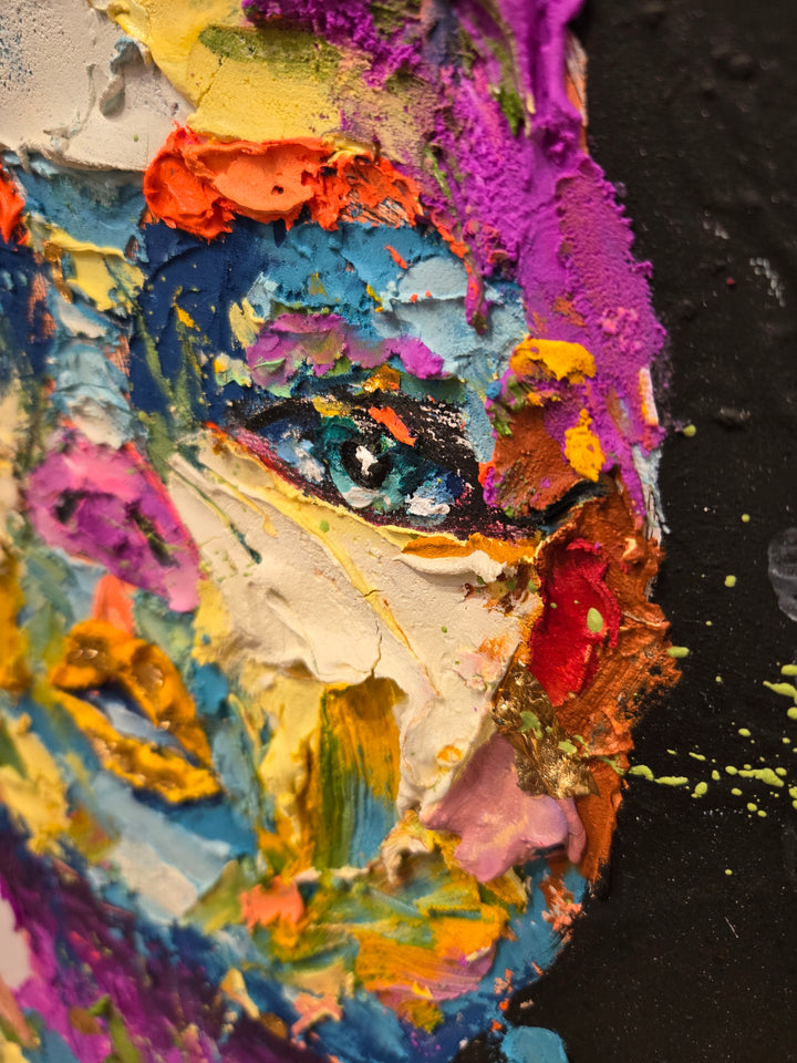 front on portrait of woman with black expressionist painted hair in black, thick layers of paint applied to canvas with brushes and knives, skin made up of purple, blue, green, yellow, and red abstract marks of impasto acrylic on white background 