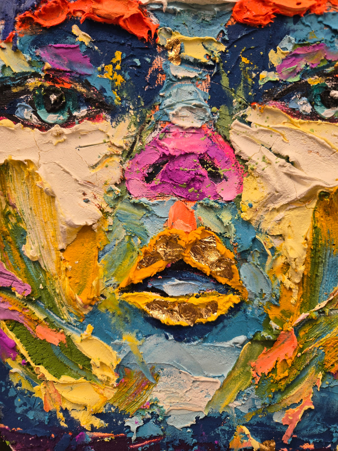 front on portrait of woman with black expressionist painted hair in black, thick layers of paint applied to canvas with brushes and knives, skin made up of purple, blue, green, yellow, and red abstract marks of impasto acrylic on white background 