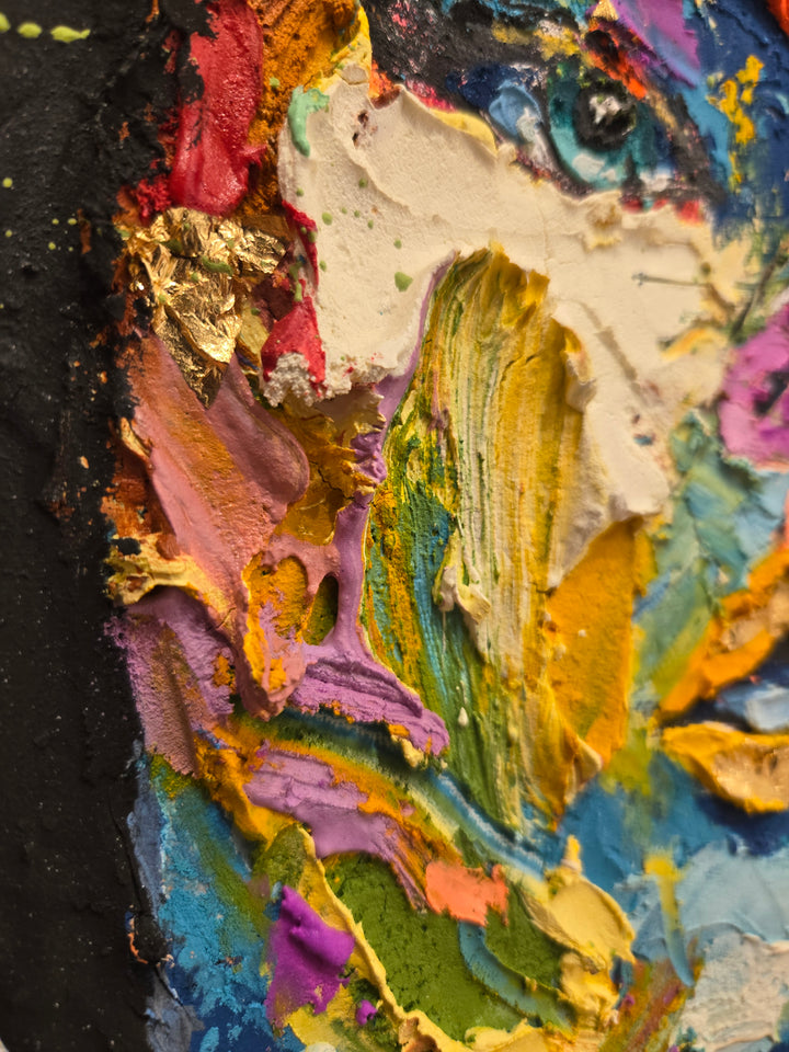 front on portrait of woman with black expressionist painted hair in black, thick layers of paint applied to canvas with brushes and knives, skin made up of purple, blue, green, yellow, and red abstract marks of impasto acrylic on white background 