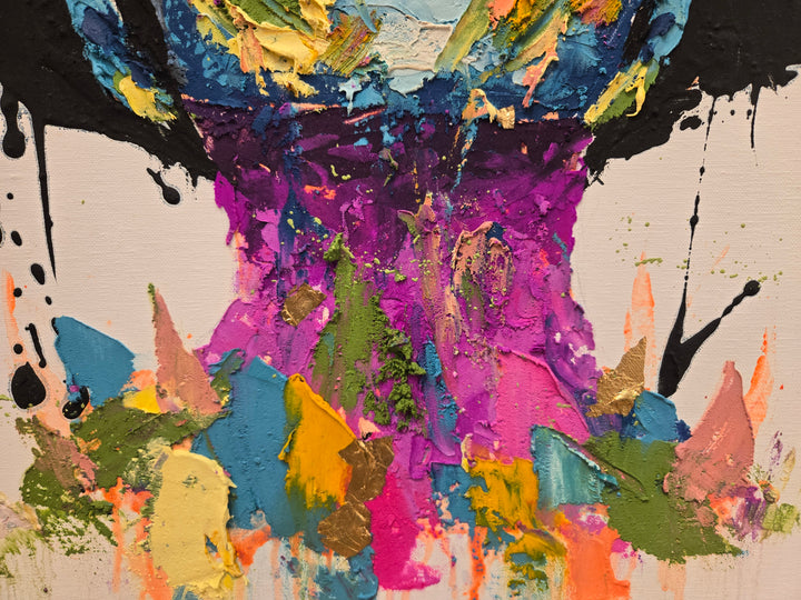 front on portrait of woman with black expressionist painted hair in black, thick layers of paint applied to canvas with brushes and knives, skin made up of purple, blue, green, yellow, and red abstract marks of impasto acrylic on white background 