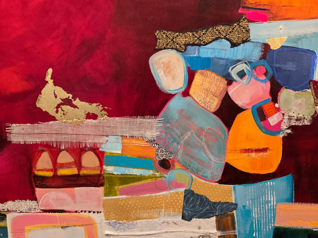 48" x 48" painting by Lau Blou, collaged pieces of torn and hand cut paper and fabrics with patterns and gold foil building up to triangular shape in middle of canvas on pink background with white on the bottom half