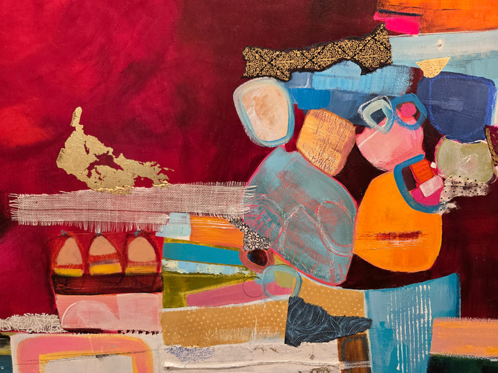 48" x 48" painting by Lau Blou, collaged pieces of torn and hand cut paper and fabrics with patterns and gold foil building up to triangular shape in middle of canvas on pink background with white on the bottom half