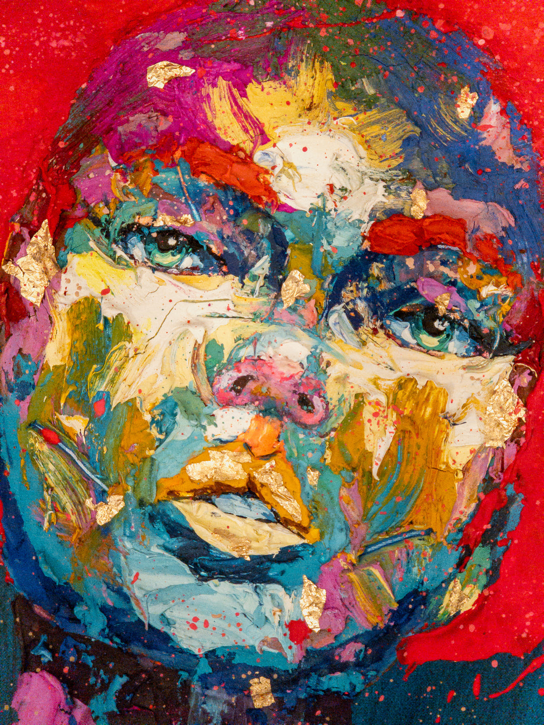 woman portrait green eyes red hair paint splattered palette knife expressionist and gold foil on blue background