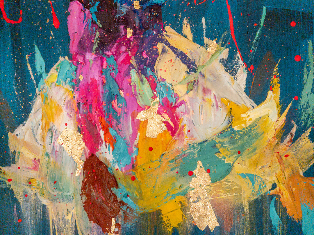 woman portrait green eyes red hair paint splattered palette knife expressionist and gold foil on blue background