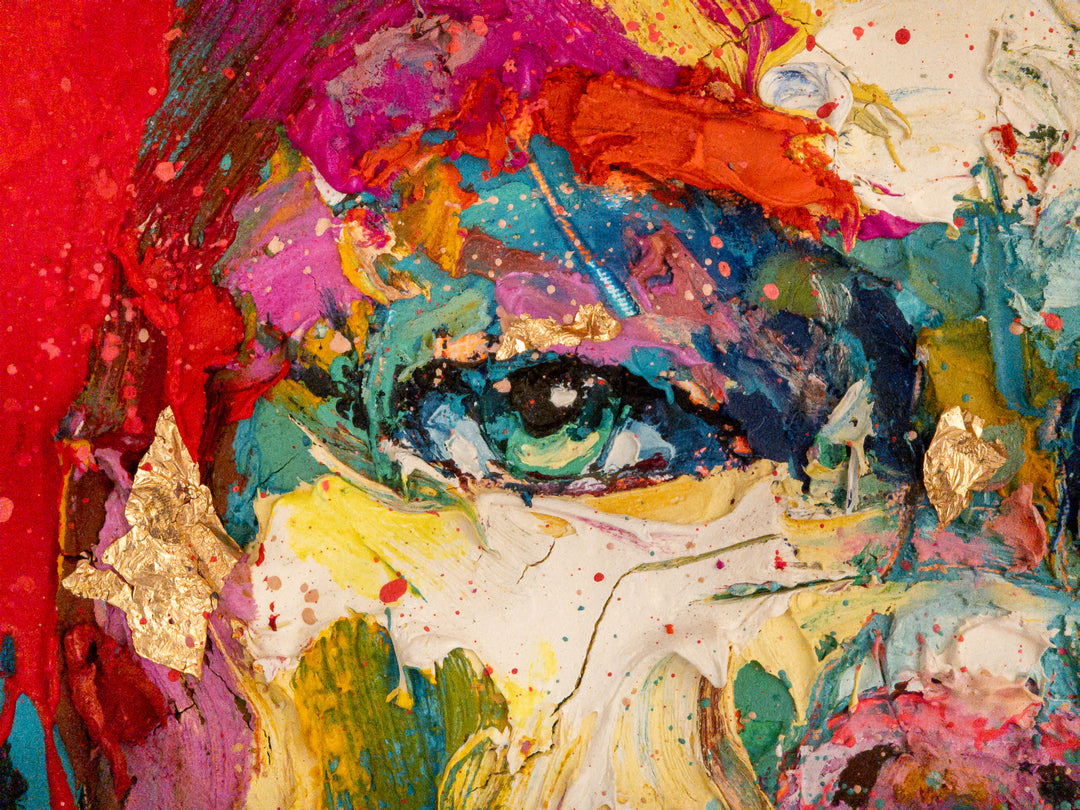 woman portrait green eyes red hair paint splattered palette knife expressionist and gold foil on blue background