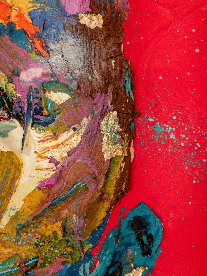 side view profile woman portrait mouth open multicolor paint splatter face with red hair on dark blue background and red splattered hair