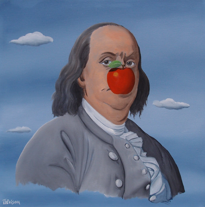 Ben benjamin franklin president america portrait figurative art history rene magrite blue sky apple satire pop art illustration