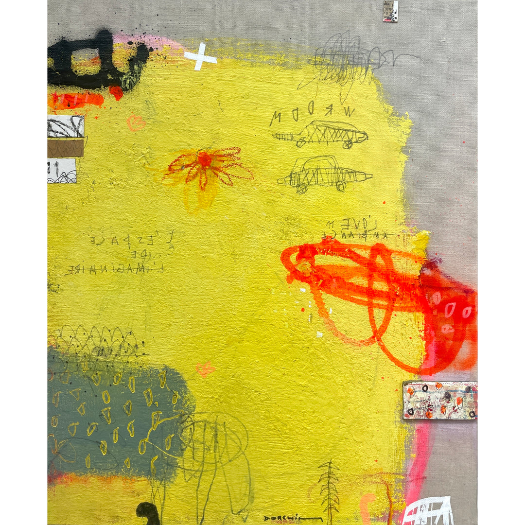 yellow gestural painting on raw linen canvas with green and orange details graphite doodle drawings 