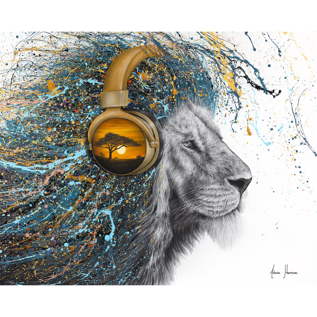 lion looking to the right in black and white face with splatter paint fur mane in blue gold and black wearing gold headphones with african desert sunset landscape on white background