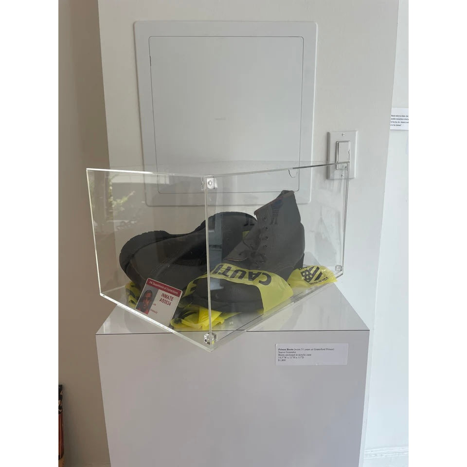 prison boots caution tape and prison id in clear plexi display box