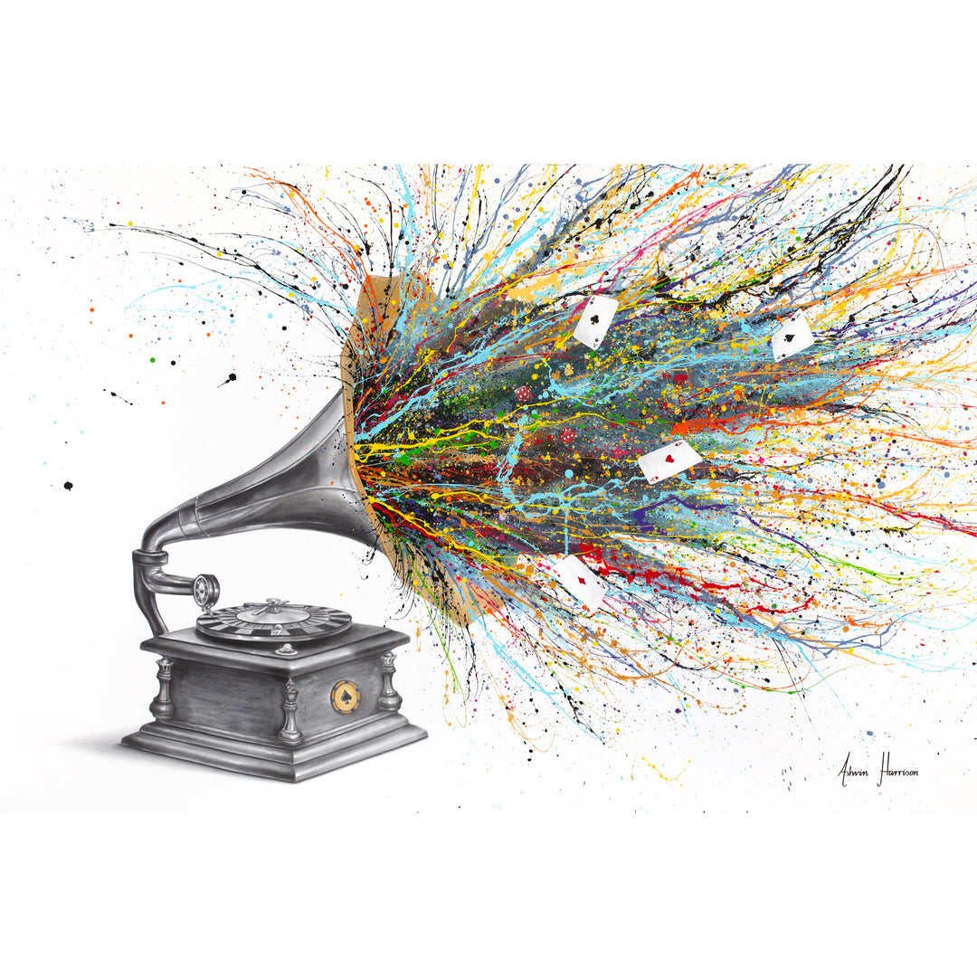 large black and white gramophone with roulette spinning table instead of vinyl, rainbow splatter paint coming out of speaker with loose ace cars on white background