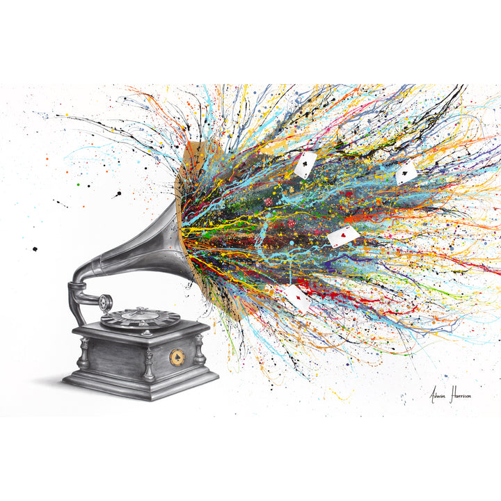 large black and white gramophone with roulette spinning table instead of vinyl, rainbow splatter paint coming out of speaker with loose ace cars on white background