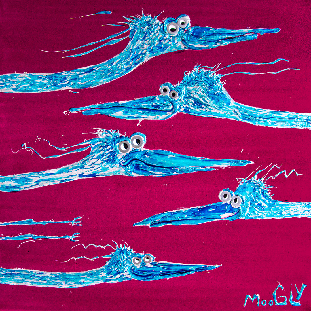 five blue birds with long necks and beaks looking both left and right on red background