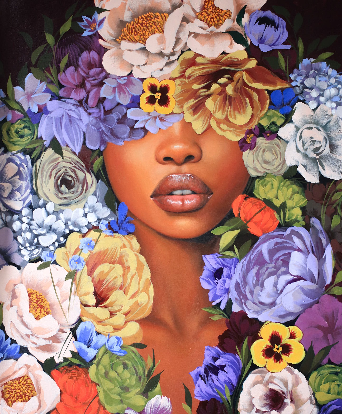 37"W x 50"H Acrylic portrait on canvas. Woman with the top half of her face covered in blue, purple and yellow flowers extending to the foreground. 