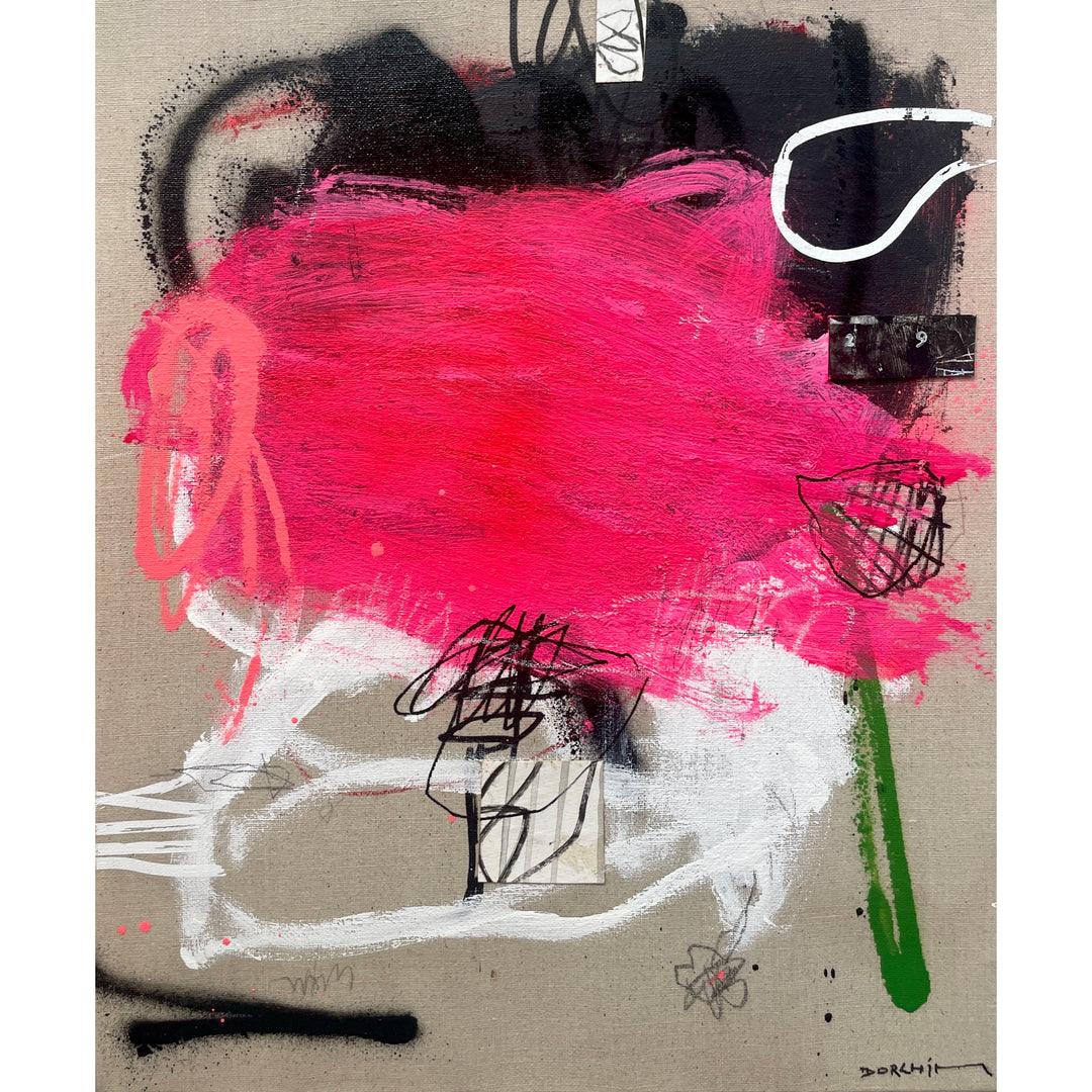 abstract expressionism painting with pink blob black marker drawing and green detail