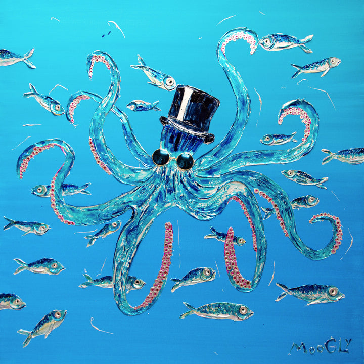 40" x 40" acrylic on canvas painting of a blue octopus with a hat and glasses playing with blue and silver fish over a blue gradient background. 