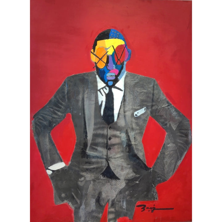 man in grey striped suit hands on hips with colorful painted face, x&