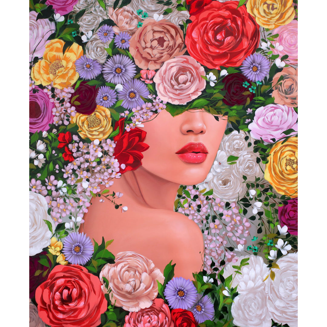 58"W x 70"H Acrylic portrait on canvas. Woman looking over her shoulder with flowers covering the top half of her face and making up the background. 