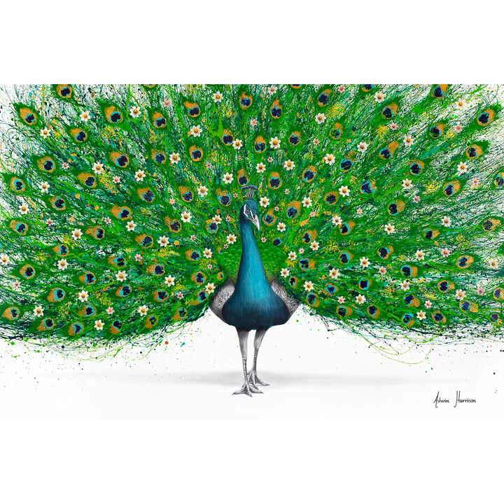 large peacock bird with green feathers and flowers through out in green blue gold on white background paint splatter