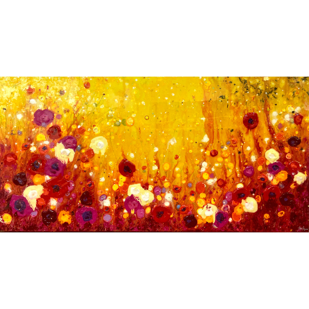 red purple and yellow abstract in landscape orientation with blobs of resin paint, gradient colors