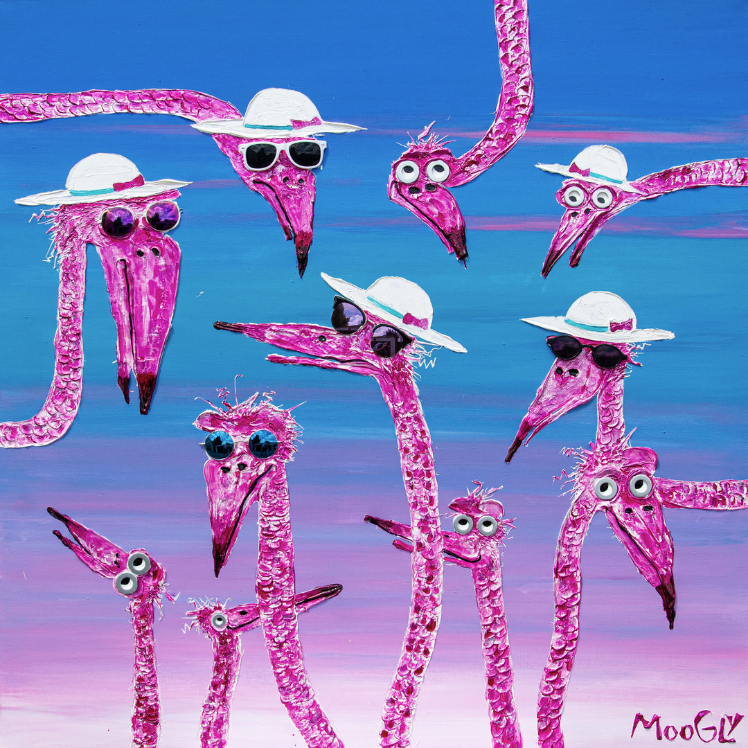 48" x 48" acrylic on canvas painting of pink flamingos in hats and sunglasses over a blue-pink gradient background. 