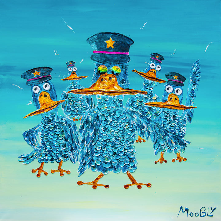 48" x 48" acrylic on canvas painting of blue birds with hats and eyes made of washers over a blue and green gradient background. 