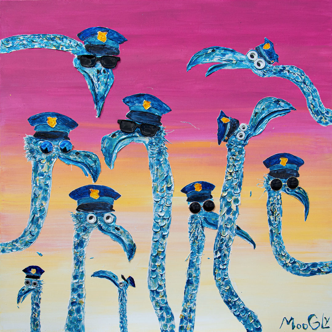 48" x 48" acrylic on canvas painting of blue birds with hats and eyes made of washers over a pink and yellow gradient background. 