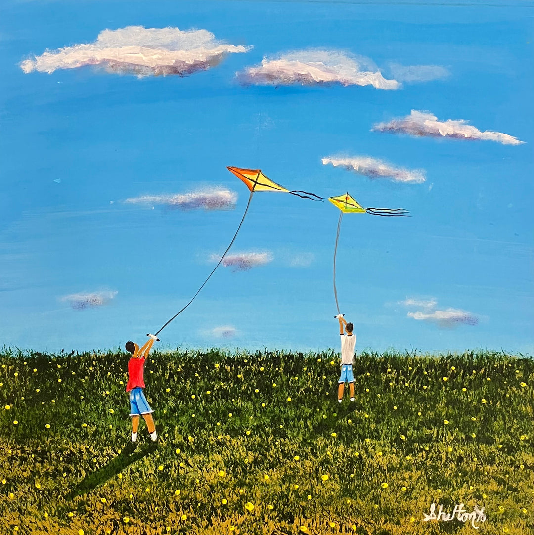 two boys playing with kites in green field and blue sky with white clouds