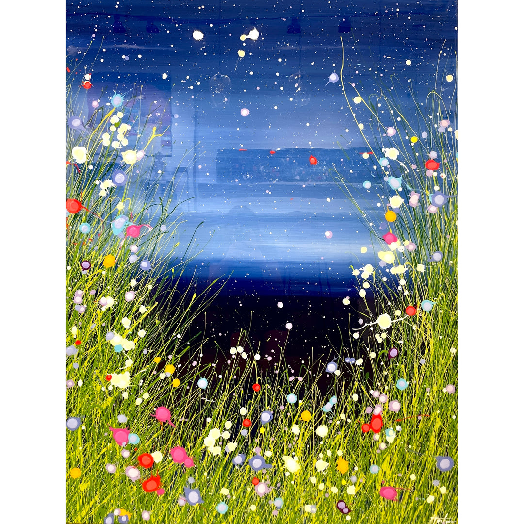 abstract floral landscape with paint splattered streaks of green grass and flowers on blue gradient background with resin