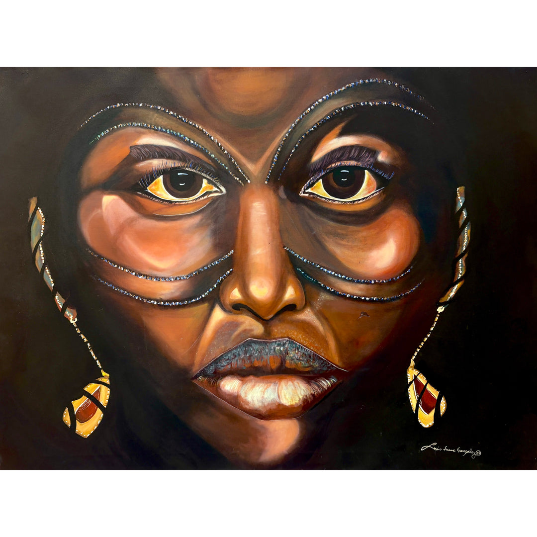 close up realistic portrait black female face with jewelry high contrast lighting face decor 