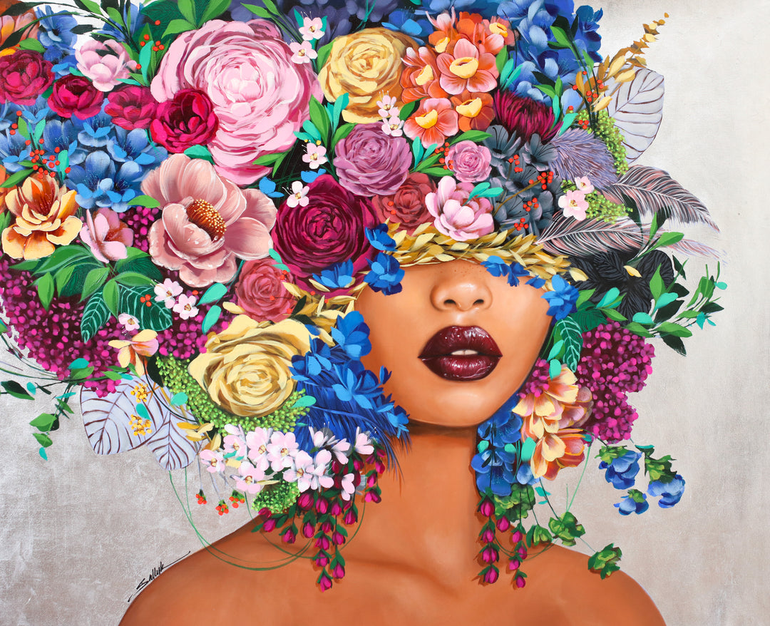 60"W x 47"H Acrylic portrait on canvas. A woman with her eyes and hair covered by colorful flowers. 