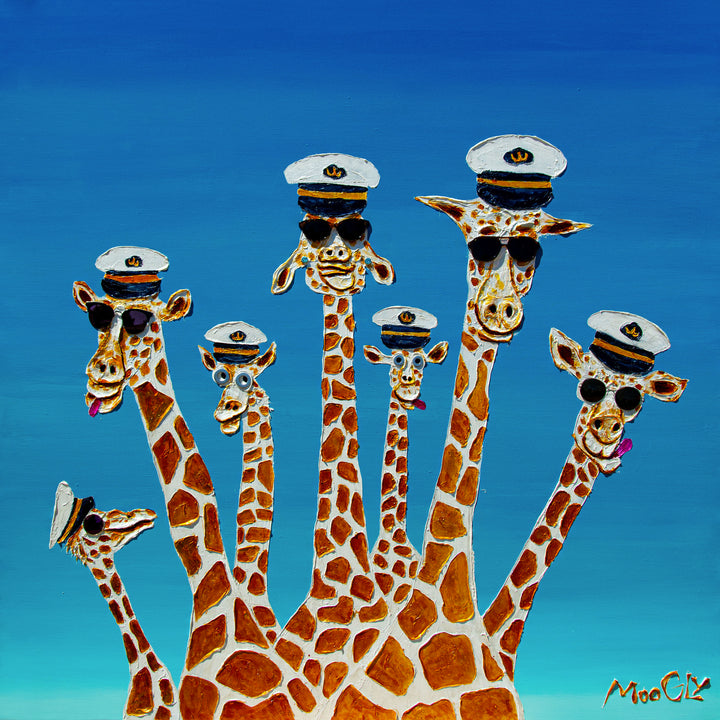 60" x 60" acrylic on canvas painting of giraffes with hats and sunglasses over a blue gradient background. 