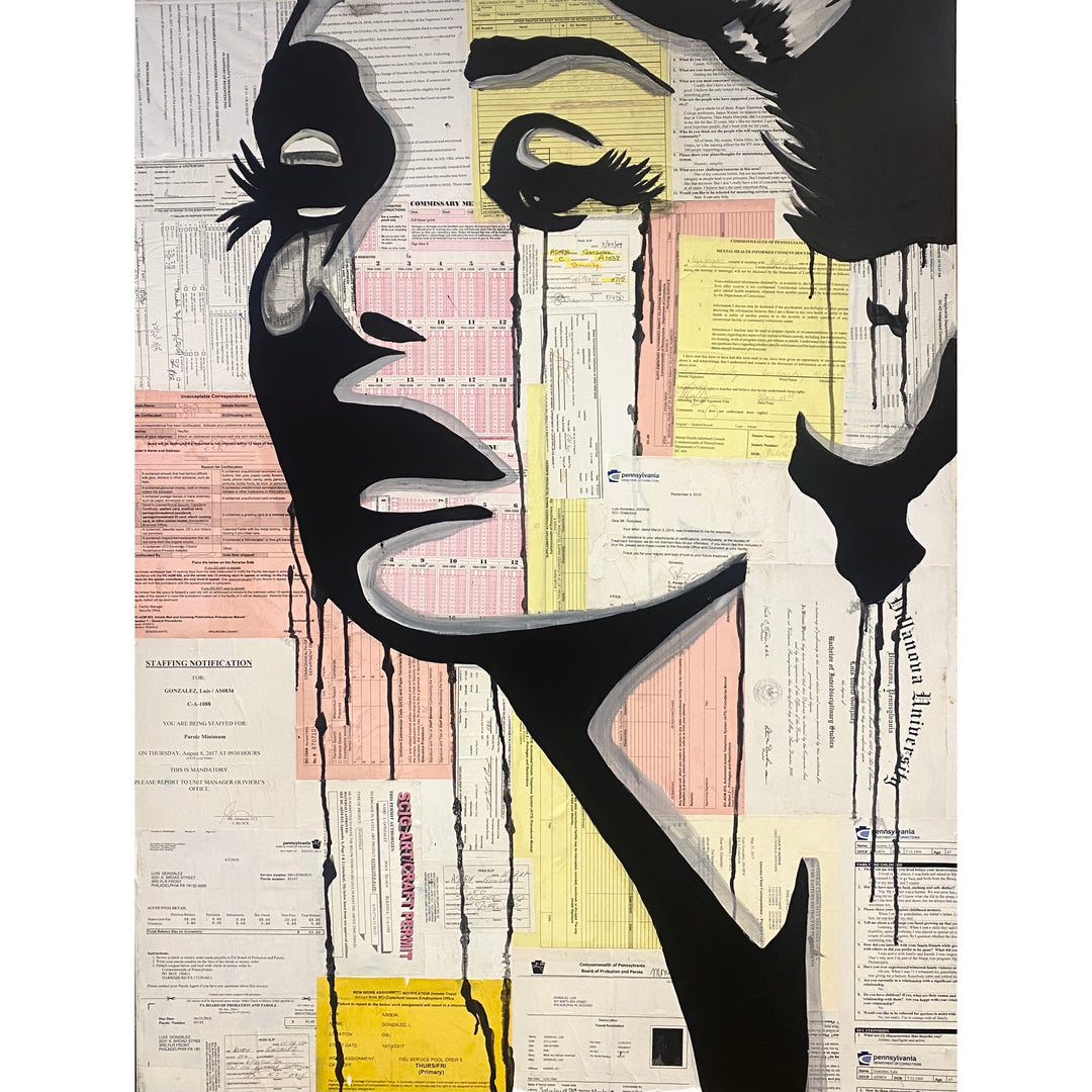 black contrast expressive portrait on top collaged paper material from prison