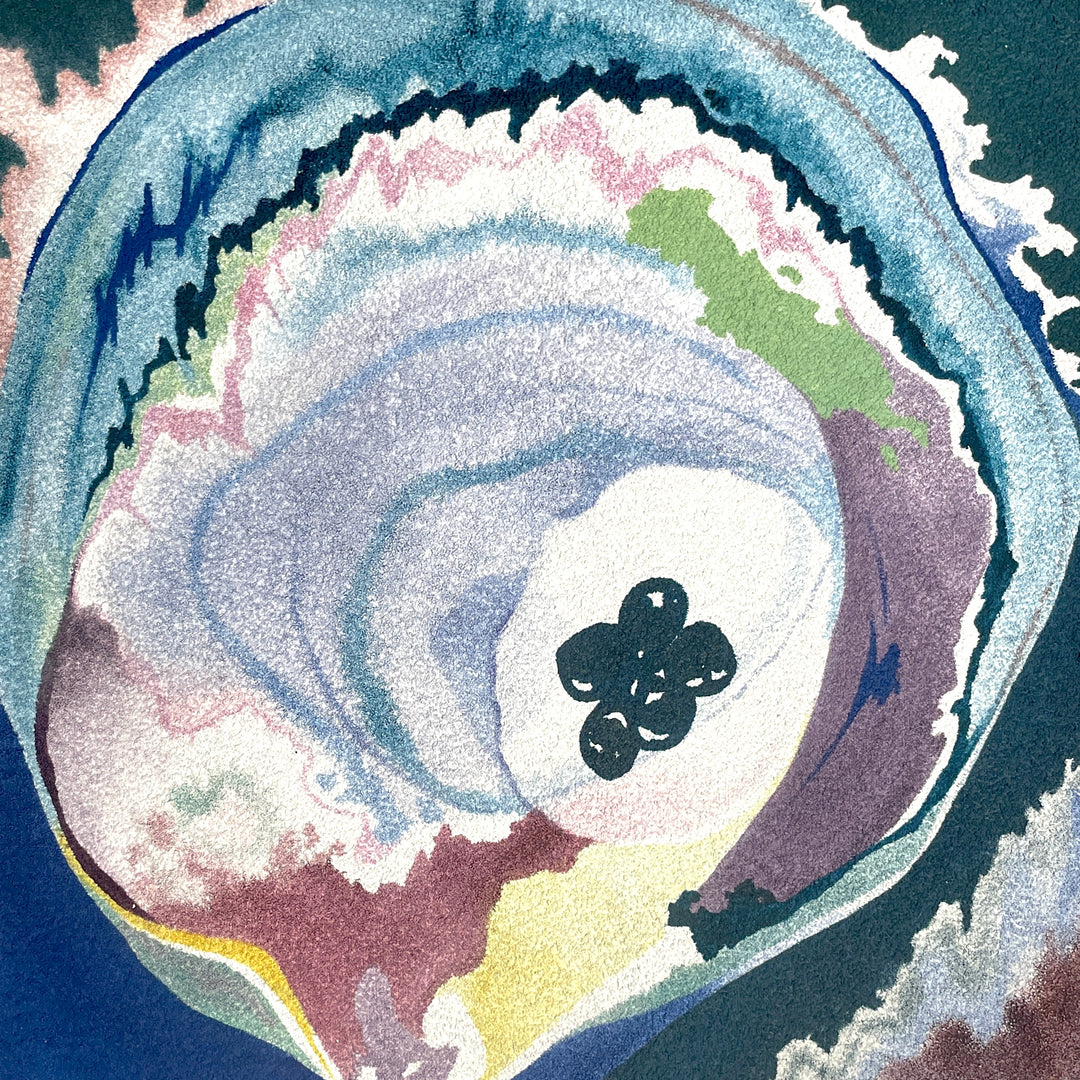 blues purples and greens painted abstractly organic and fluid to create mussel and pearl 
