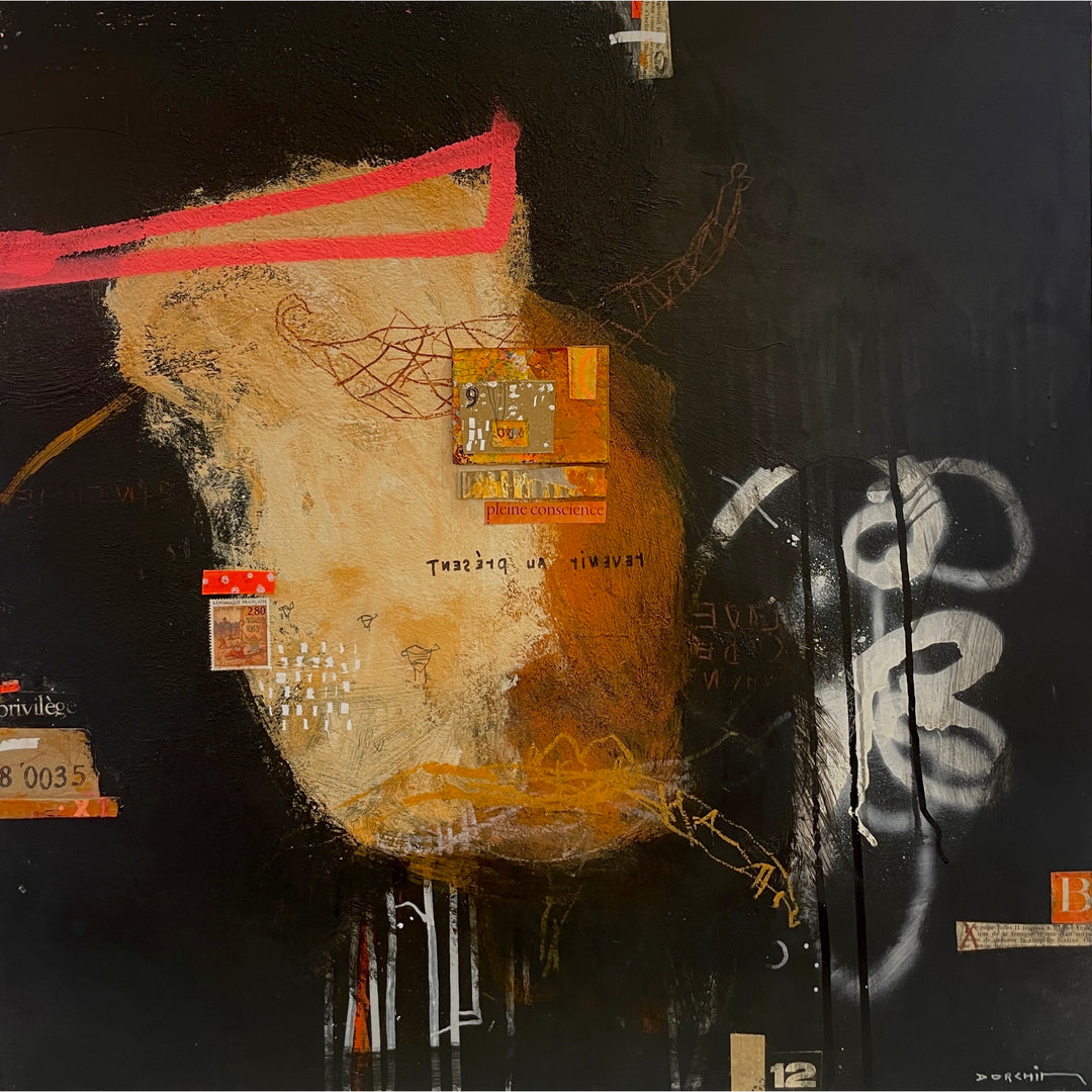 brown and beighe splotches of paint dripping with pink line work and white mark making and collage on black background