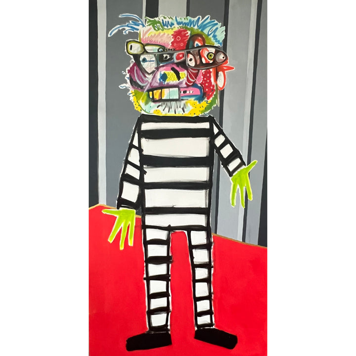 striped prison uniform man abstract expressionist in red black white