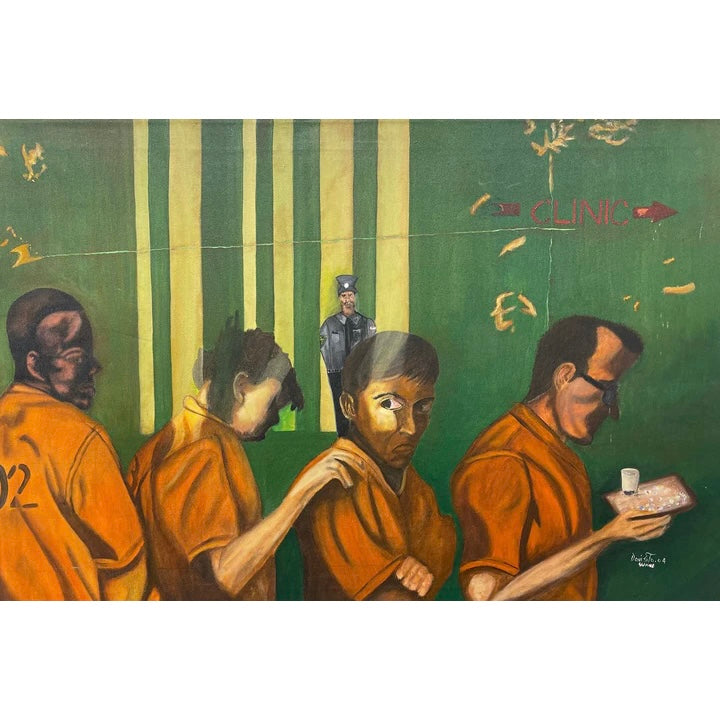 4 figures waiting in line in bright orange jumpsuit with pills in hand on green and yellow striped background