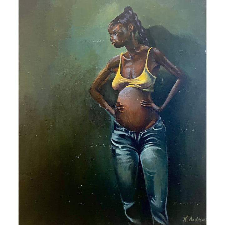 black female pregnant wearing unbuttoned jeans, yellow bra, looking depresses on dark green background