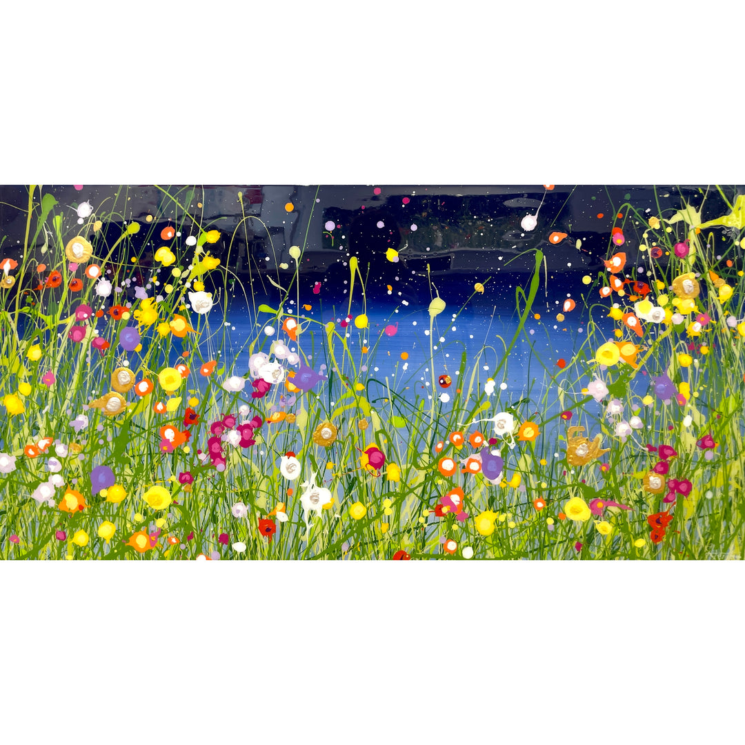 abstract floral landscape with splattered green paint grass and blobs of flower paint on blue gradient background