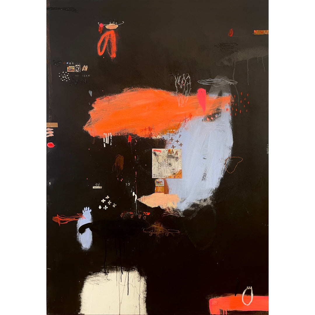 orange and blue expressionist swatches of paint  with doodles in white and collaged found objects on black background with dripping paint, abstract